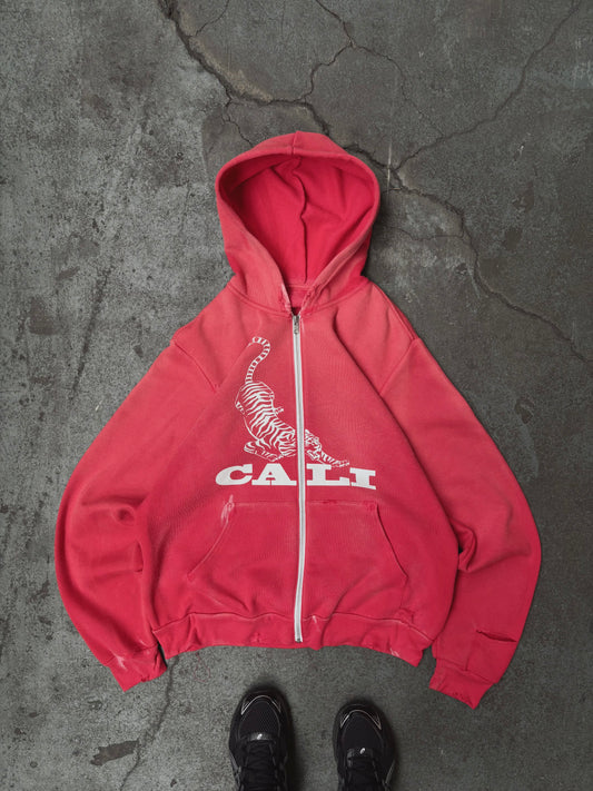 Washed Tiger Zip Hoodie - Red