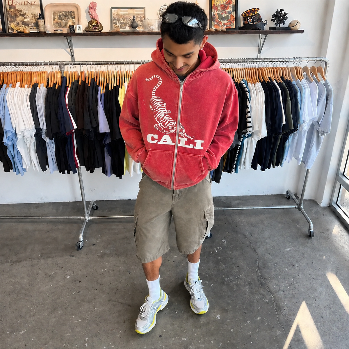 Washed Tiger Zip Hoodie - Red
