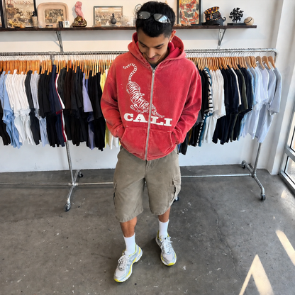 Washed Tiger Zip Hoodie - Red